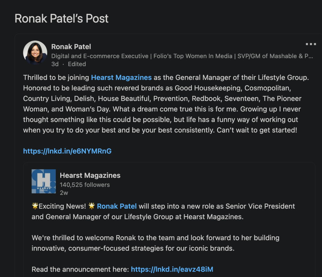 Ronak Patel leaves Ziff Davis to go to Hearst Magazines. She will be the SVP and General Manager of their Lifestyle Group. 